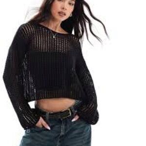 LOFT Open Stitch Crochet Knit Sweater - Black - Size XS - NWT